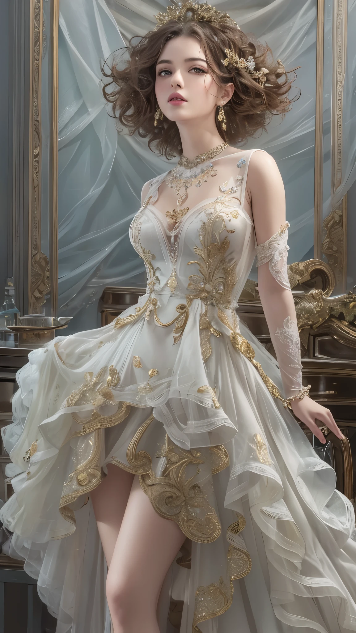 full body image showcasing a Mexican girl in a luxurious haute couture ball gown with floral lace, adorned with layers of tulle ruffles, sparkling rhinestones, and intricate lace and filigree patterns. Delicate floral lace add a touch of romance and elegance to the ensemble. Poised gracefully within an elegant castle, bathed in cinematic lighting that casts captivating shadows, she embodies elegance. Crystal chandeliers hang gracefully from the ornate ceiling, illuminating the marble floors beneath. The grand stairwell, intricately designed, contributes to the castle's opulence. Captured with an 80mm lens on a Sony A7 IV camera, the horizontal image composition features the girl's full physique and the grandeur of her haute couture attire,WEARING HAUTE_COUTURE DESIGNER DRESS