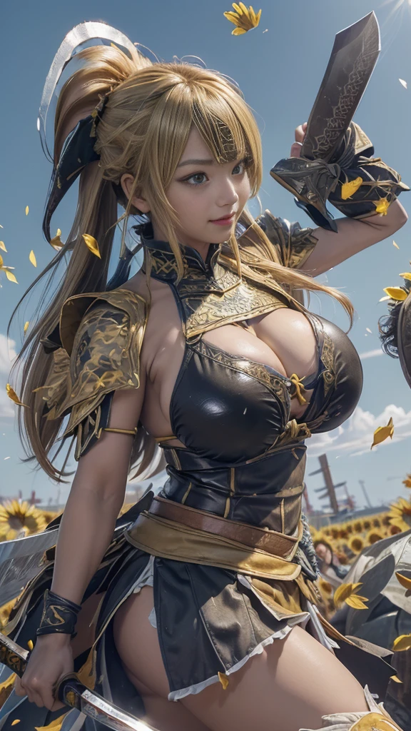  A young Japanese woman , warrior, Combat Stance, ((wielding a huge_weapon axe:1.6)),  very detailedな, realisti,((happy smile)),((from front)), Brilliant Appearance , Creative Action,  extremely detailed, Imaginative,voluptuous,  sensual, spontaneous ,  top quality ,  skin texture, ((hime cut :1.6)),((Honey blonde hair:1.6)), (citrine eyes), (mole under eye), toned body, huge breasts,(big breasts:1.6), Big Breasts,  plump thighs,  yellow armor with a sunflower flower pattern engraved , leather samurai armor knight, bikini type design that emphasizes chest exposure,((sideboob)), Wear a yellow cloak with a sunflower pattern , ruffled skirt,  yellow shin guard with a sunflower flower pattern engraved , White high-leg underwear , White tights,  absolute domain,  Intricate Details , (( blue sky:1.6)),Dazzling Light,((sunflower petals background:1.4)), ((sunflower petals:1.4)), ((sunflower petals dancing in the wind:1.4)),( sunflowers in full bloom ),(前面に sunflowers in full bloom ), (confetti),  RAW photos ,cinematic lighting, spotlight, soft shadows, 8k, masterpiece,  top quality , ultra detail on a Japanese futon, very detailed,  Intricate Details , high res,超 Intricate Details, very detailed 8k cg wallpaper,