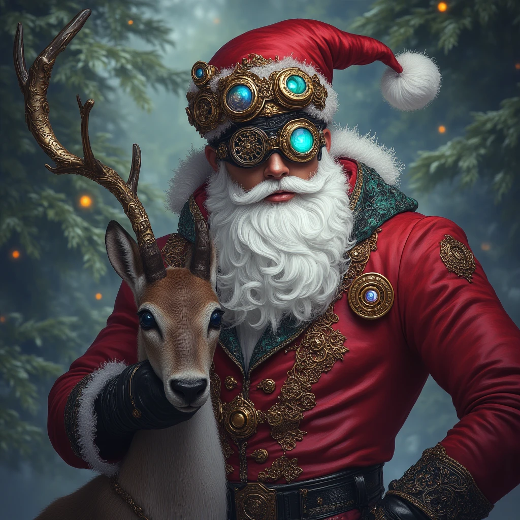 (Masterpiece, High Quality, High Resolution, 8k, 16k, Detail),ArsMJStyle, Rococo Steampunk, Steampunk Santa Claus (young, handsome, slender) with confident expression, arms crossed, wearing red Santa Claus costume with blue lens steampunk goggles, steampunk belt and He is wearing a pocket watch, steampunk cowhide boots, and a reindeer with steampunk ornaments on his side. The background is a slightly blurred Christmas tree, creating a dreamy, ethereal atmosphere. Description: Christmas, goggles, Santa and reindeer, portrait, full body, blurred, realistic, blurred Christmas tree bright light background, Christmas portrait, cool photo, coolness to admire