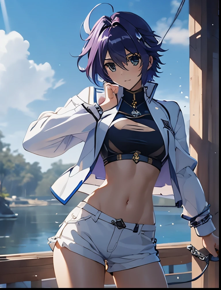 (((SFW、Precision、Highest quality、A first-class masterpiece、Normal body、8k、 Detailed Face 、Ultra-precision、 Normal hand、5refer to、Highest)))、"Magical Girl Lyrical Nanoh"、Subaru-Nakajima 、Navy Hair、 Shorthair、、Big Breasts、 Magical Girl 、 Nipples See-through See-through Navel Ultrathin Sports Shirt、Bare White Jacket 、Ripped shorts 、 white ribbon Hachimaki、 Spread Your Hands Chain Bondage