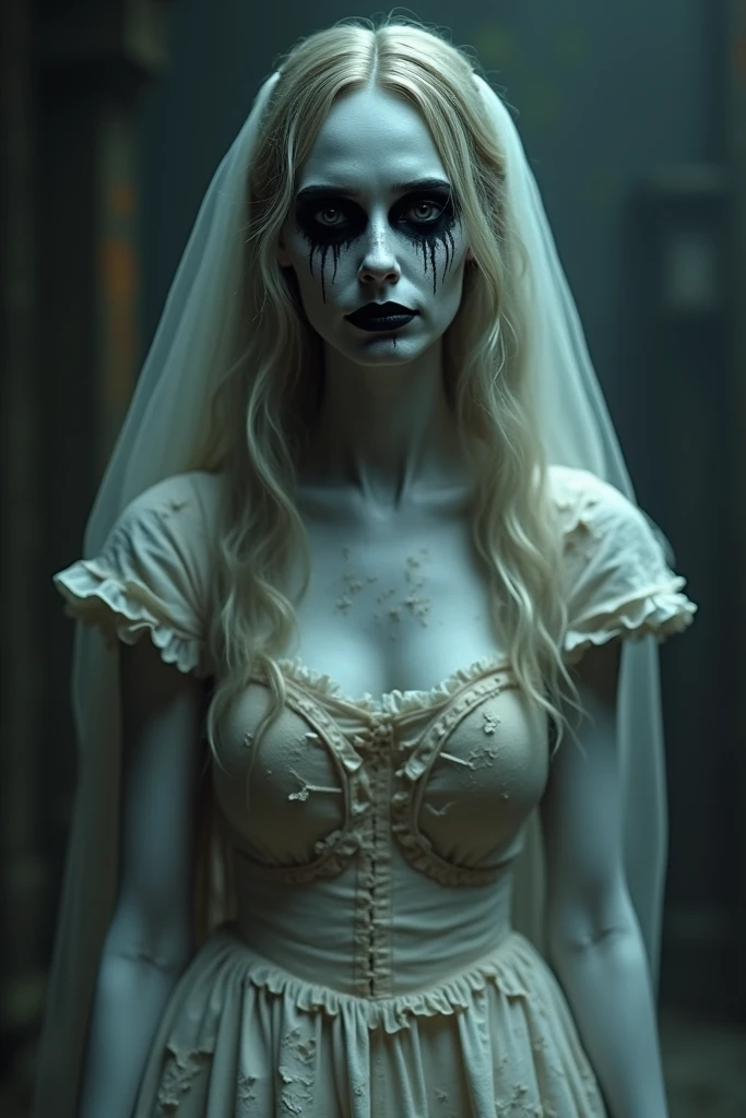 masterpiece, best quality, ultra-detailed, high resolution, extremely detailed, (Full Body Shot:1.5), (sharp focus:1.2), photo, attractive young female model, beautiful, Marijn Isabeau, 22 years old, (blue eyes:1.8), (brown hair:1.2), caucassian, long hair, (beautiful face:1.1), detailed eyes, luscious lips, (spooky:1.6) (dead skin:1.5) (natural makeup:1.3), (smile:1.2), wearing (pearl necklace:1.2), (white corpse bride dress:1.2), (white corset:1.5), (white destroied wedding dress tight long, corset, off the shoulder, sleeveless slit dress:1.4) on a (dark night:1.8). (dead forest:1.4), depth of field, bokeh, 4K, HDR. by (James C. Christensen:1.2|Jeremy Lipking:1.1), (soft light:1.9), (dim light:1.5), c-cup, big breasts, nsfw, nudity, breasts and nipples showing