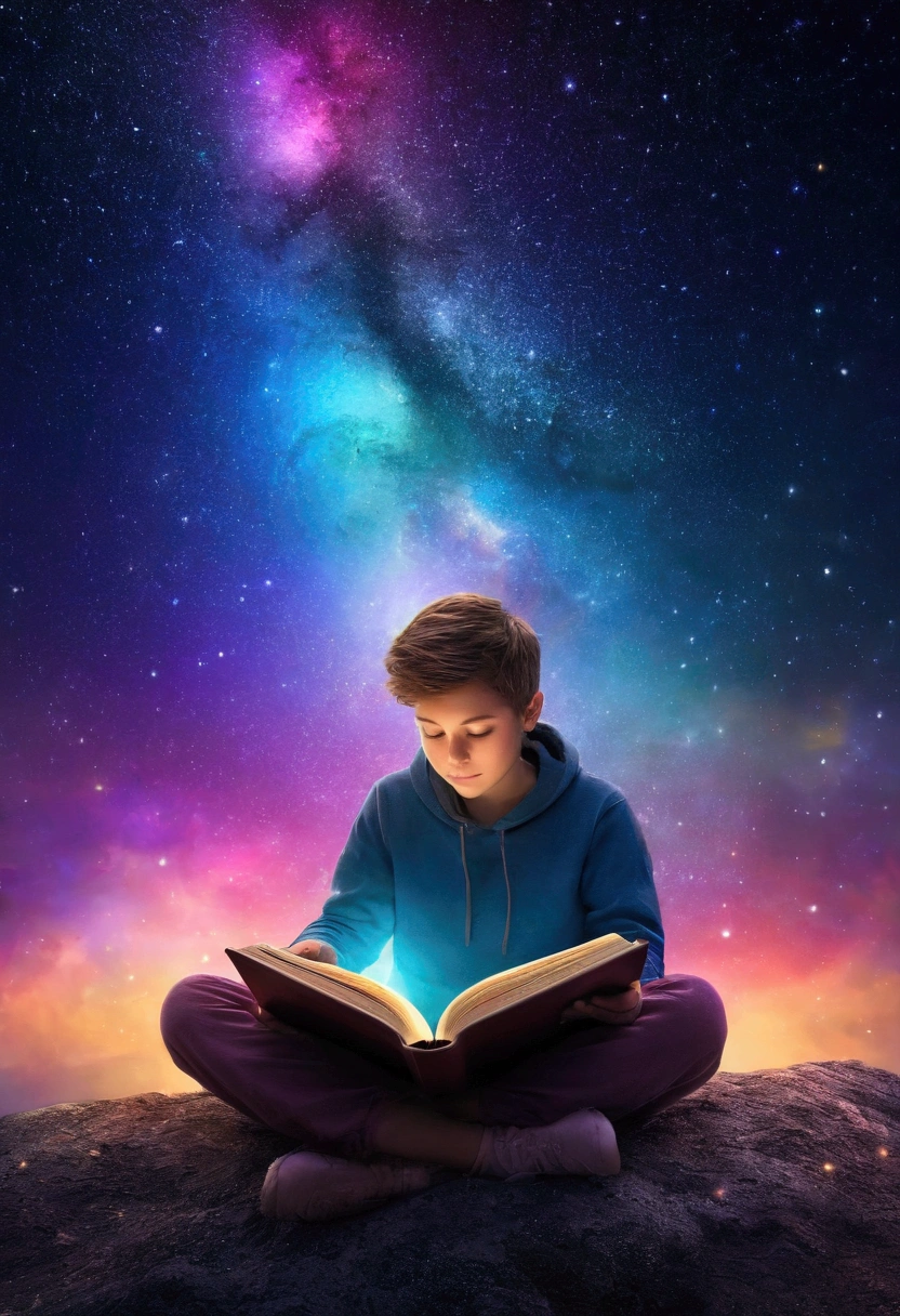 a  sitting in the Stars and reading a colored shining book, rainbow colored cosmic fog sky background, Stars, galaxies