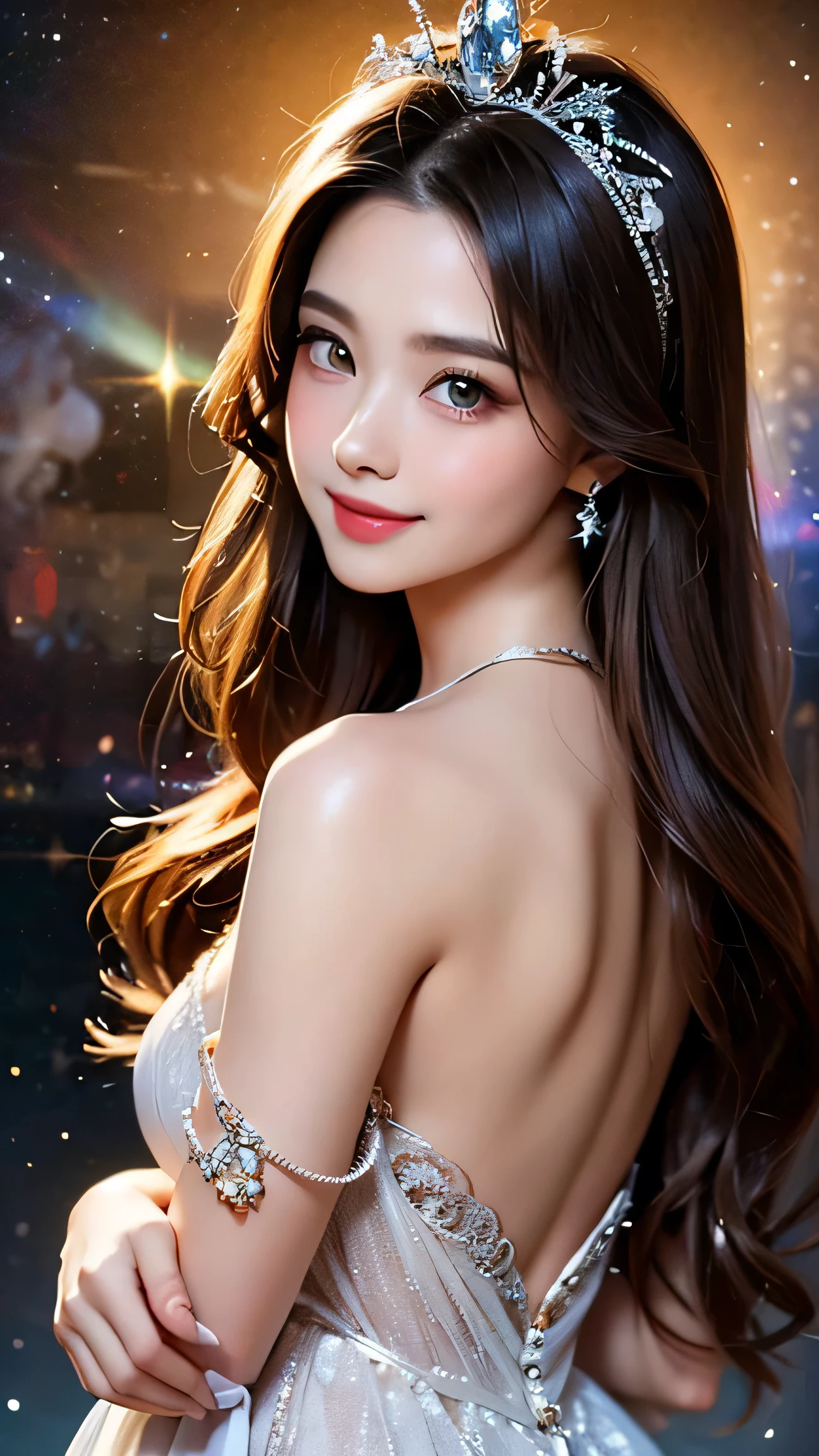 A stunning, ethereal goddess adorned in an immaculate, flowing white gown that shimmers with an otherworldly glow. Her long, straight black hair cascades gracefully down her back, crowned with an intricately jeweled queen's tiara that radiates brilliance. She holds a tall, ornate staff that glows with a subtle, celestial light. Her eyes, deep and wise, meet the viewer with a gentle, knowing smile. The background is a vast, star-filled cosmic expanse, rich with swirling galaxies and shimmering stardust, enveloping the scene in an aura of profound mystery and regal majesty.