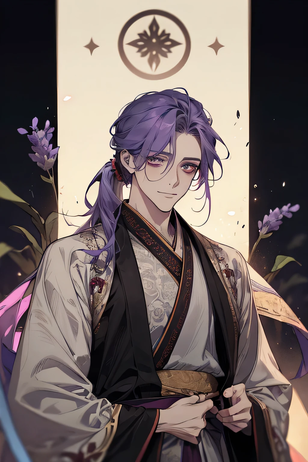 Tall guy, long dark purple hair, fox ears, purple eyes, open kimono, open chest, chains, smile, masterpiece, high quality