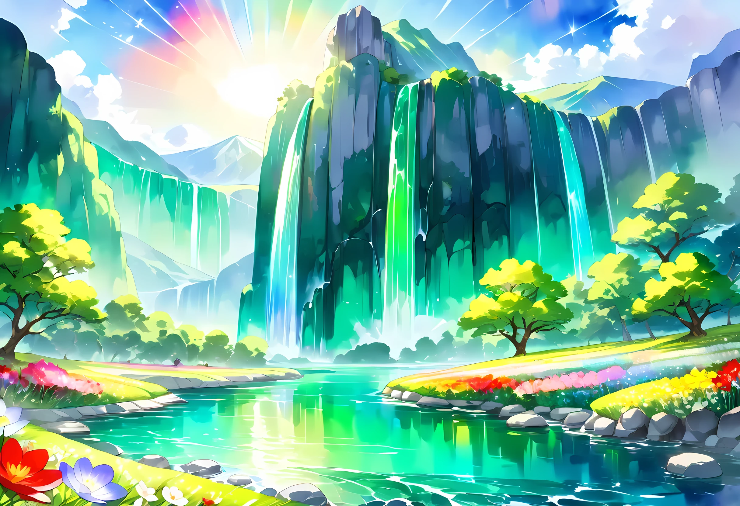 ((( An elaborate watercolor painting depicting a beautiful mountain stream landscape where you can clearly see the columnar basalt))),(((Soul Love ))),(( top quality ,masterpiece:1.5)),((Oiwaya in Kakkonda )),(( emerald green river )),((Waterfall flowing from a cliff )),(( bluish throughout )),( large colorful photons :1.5),( Splendid flowers in the foreground ),( pearl white ),( Perfect Anatomy),( Ultra High Quality ),( detailed background),(Artwork),( shining flowers ),(Great harmony ),(The 々 creatures you depict are beautiful),Desaturated:1.1, rich color palette , beautiful fantastic lighting , anime style,Beautiful waterside ,truth,joy,thank you,comfortable,fair,Elegance,Polite , true strength ,Full of vitality ,altruism,Beautiful,clean, soft,Here and now , Forget Time ,Unadorned ,fun,continuation,Cute Cat,Dome-shaped roof ,Tartarian style 