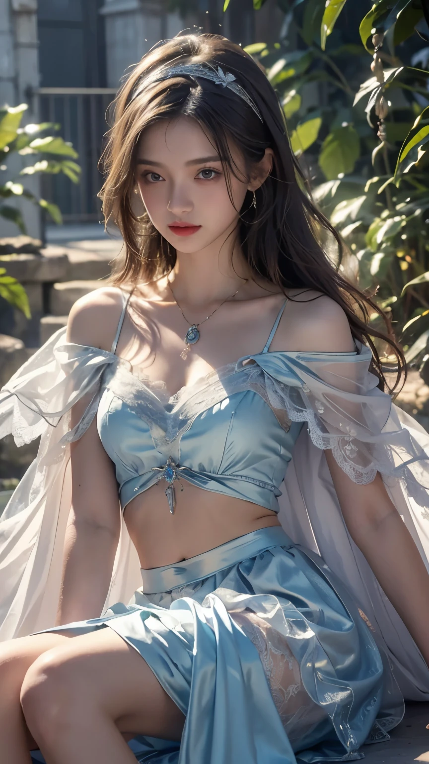 Top quality, masterpiece, ultra high definition, Original photo, 1 Girl, ((soft sardine)), cinematic lighting, very long hair, detailed eyes, small breasts, wind, necklace, piercing, ((soft dress)), ((soft clothing)), ((blue dress)), ((soft lace)), ((soft cape)), ((soft skirt)), ((navel)), ((hair band)), ((glowing lights)), ((shining ornaments)), in the garden, morning, cinematic pose, sitting,