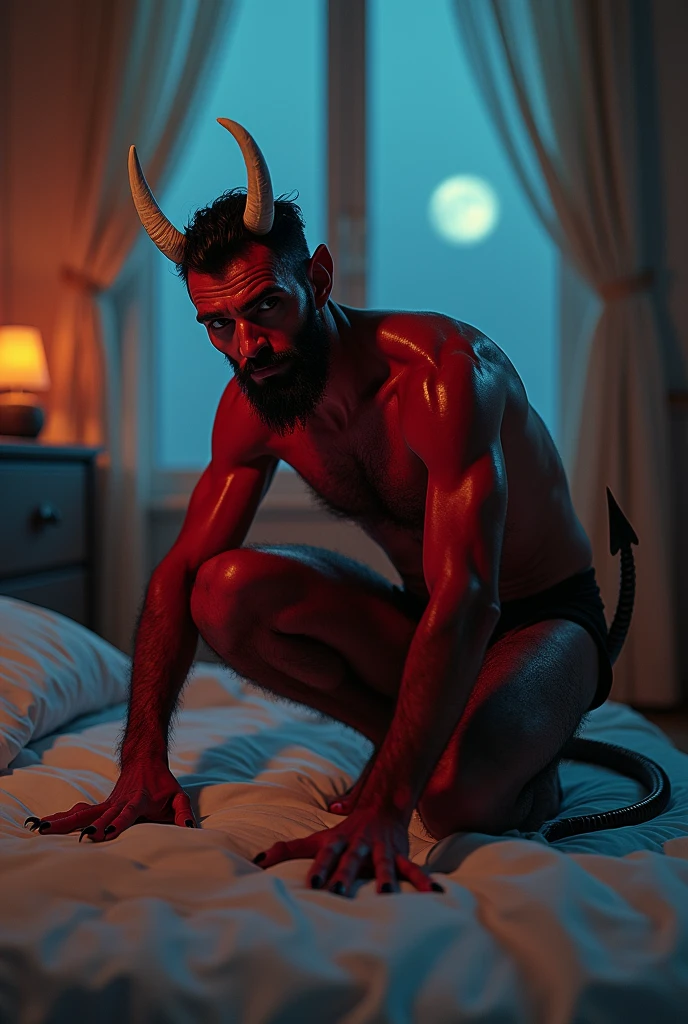 Photorealistic, ((best quality)), ((masterpiece)), (detailed), 1boy, 8k, high detailed, ultra-detailed, Stylish Pose, real skin texture, dark cinematic lighting, 18-year-old italian male model, handsome, tall, cute looking, evil look, dark look, powerful, (blue eyes:1.4), personification of the deadly sin of lust, deadly sin, (LUST:1.5), (black demon horns:1.3) sexy, hot male model, white pale skin, intense, (dry wavy short hair:1.3), (dry short brown messy hair, strong jawline, masculine, muscular, defined fit body, hairless chest, shirtless, pantless, barechested, topples, barelegged, barefoot, shirtless, topless, barechested, full naked, nude, naked, dick, penis, cock ,balls, scrotum, testicles, ,,,,, (night:1.5), nightime, (dark night:1.44), on his knees, sinister aesthetic, huge room, big windows, (magestic bedroom:1.6), neoclastic architecture, candel light, candels, luxurious minimalistic modern bedroom, (dark background:1.2), dim light, dark atmosphere, cinematic lighting, Depth of field, award-winning photography, elegant, hyperrealistic, octane render, unreal, high definition, 8k resolution, highly detailed, 8k uhd, professional lighting, photon mapping, radiosity, physically-based rendering