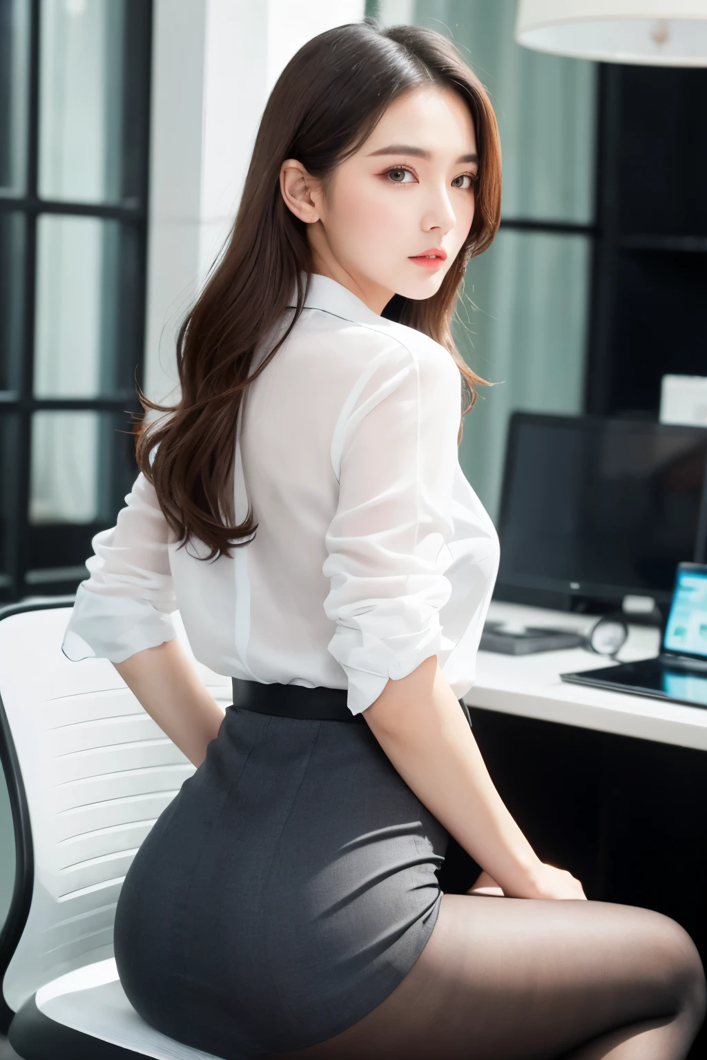 (ung woman), kawaii face, (highly detailed face), Amazing face and eyes, (Best Quality:1.4), (Ultra-detailed), (extremely detailed CG unified 8k wallpaper), Highly detailed, High-definition raw color photos, Professional Photography, Realistic portrait, Amazing face and eyes, Pink eyes, indoors, office, (office lady, button shirt, miniskirt,:1.3), brown hair, model, depth of fields, (fine face:1.2),