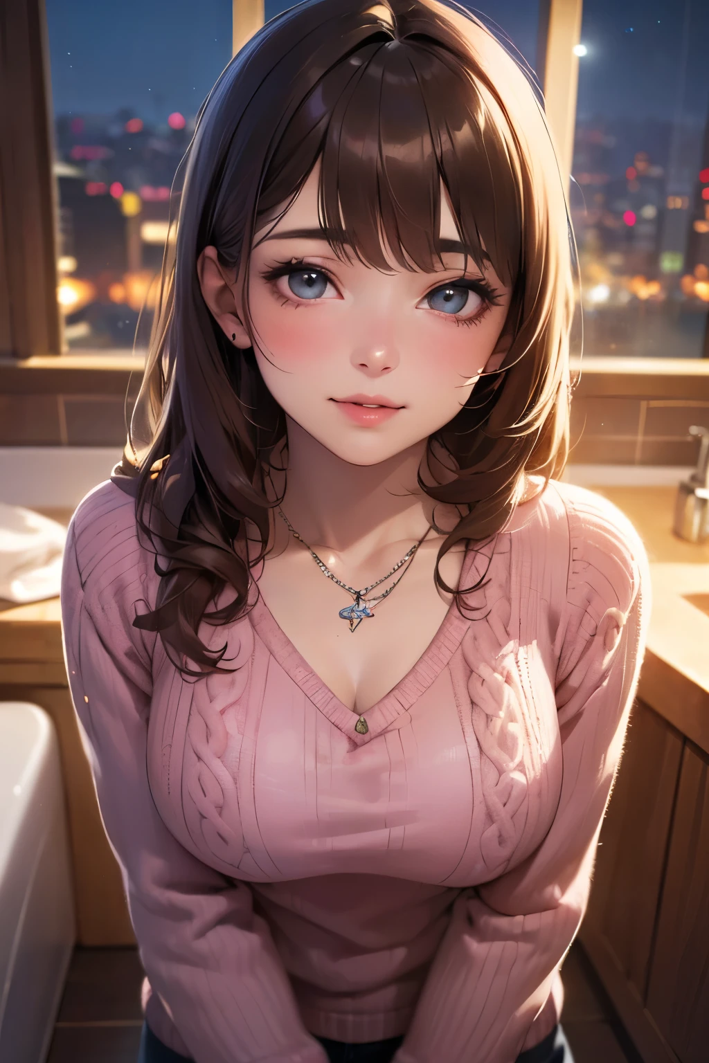 ((Night, Realistic Light, Best Quality, 8K, Masterpiece: 1.3)), 1girl, Slim Beauty: 1.4, (Brown hair, Medium breasts: 1.3), Long pink sweater: 1.1, Bathroom, Super fine face, Delicate eyes, Double eyelids, smile, necklace