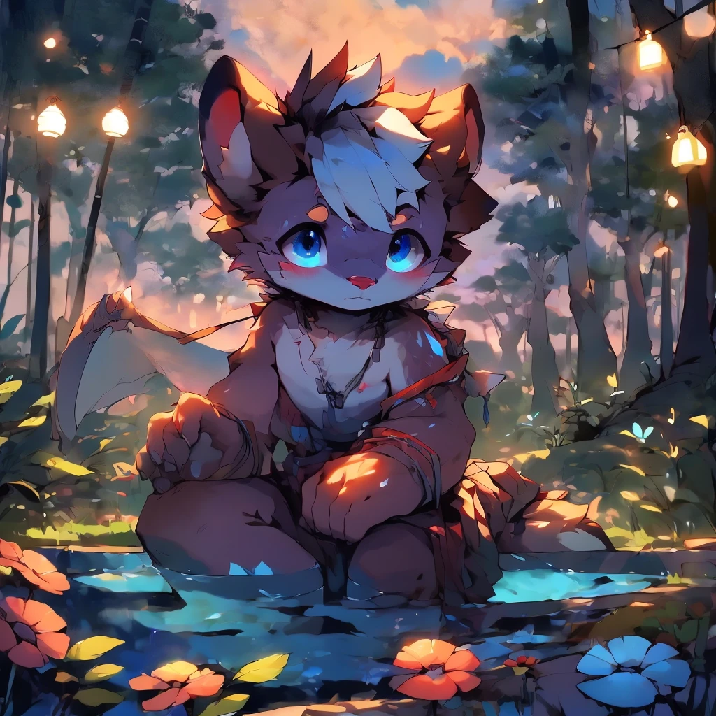 Bright eyes, panorama, character focus, furry, furry loli, (full body fur, fluffy tail, blue-gray fur, blue eyes), (wolf, fully naked), (nature, early morning, forest, stream)