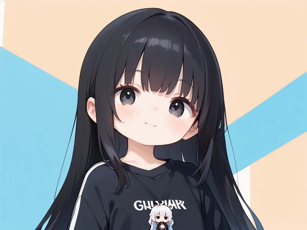 1girl,oversized black sportswear,bangs,black hair,black eyes,long hair,chibi,