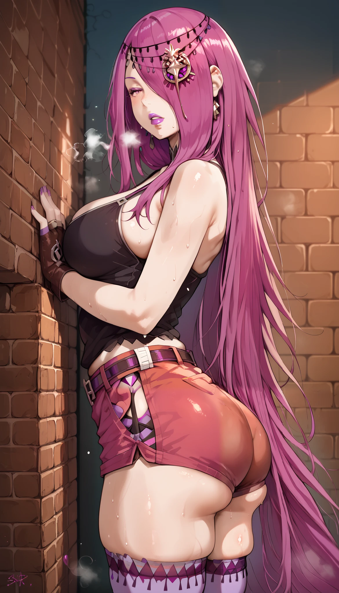 asura style, sekhmet, magenta hair, magenta eyes, magenta lips, messy hair, very long hair, pale skin, mature female, (magenta lipstick, magenta lips:1.3), large breasts, BREAK detailed eyes, (perfect hands, perfect anatomy), detailed eyes, (perfect hands, perfect anatomy), (skindentation:1.2), Anime Style, Manga Style, Hand drawn, cinematic, Sharp focus, humorous illustration, big depth of field, Masterpiece, concept art, trending on artstation, Vivid colors, Simplified style, trending on ArtStation, trending on CGSociety, Intricate, Vibrant colors, Soft Shading, Simplistic Features, Sharp Angles, Playful, excessive sweating, sweating profusely, sweating drop, (gasping, heavy breathing:1.2), (glow effect:1.2), BREAK, large breasts, 1girl, breasts, solo, gloves, shorts, thighhighs, red shorts, looking at viewer, sideboob, short shorts, brick wall, brown gloves, against wall, white thighhighs, ass, single glove, belt, thighs, blush, bare shoulders, leaning forward, camisole, sleeveless, parted lips, from side