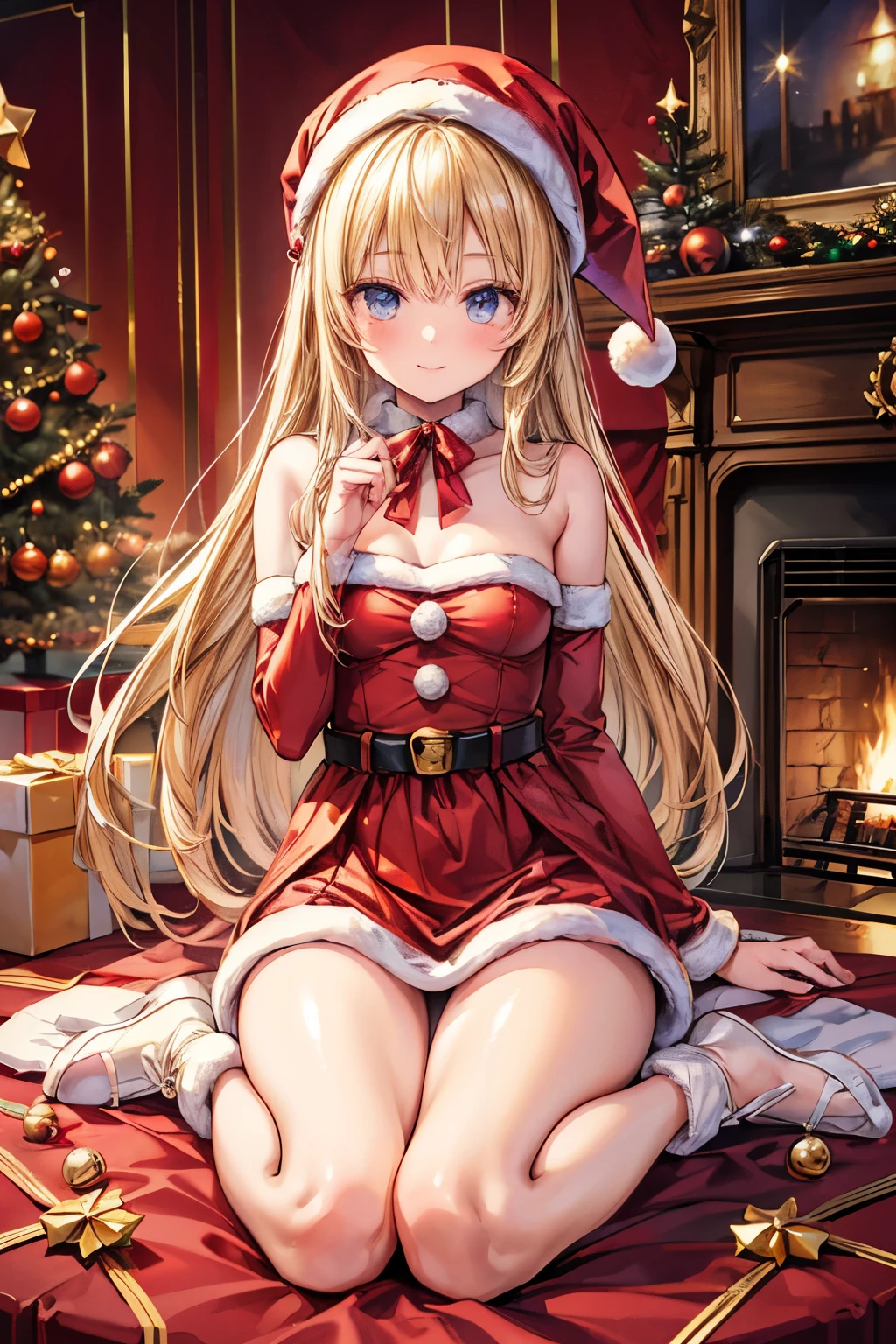 captivating Santa girl, exuding elegance and charm, wears a sophisticated Santa costume with a modern twist. With a direct gaze at the viewer, she stands in a cozy, festively decorated living room with a crackling fireplace and twinkling lights, creating an atmosphere filled with intimacy and holiday celebration. Captured with a DSLR and a 50mm lens in this photographic scene, curvy body , big tits, nsfw ,sexy , horny , seductive fAce , whore , santa cap, blonde , innocent