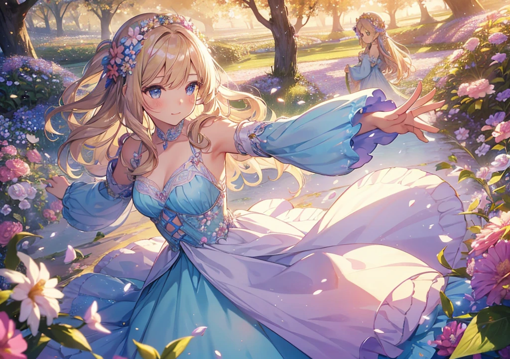 ((Finest quality)),(超A high resolution),(ultra-detailliert),(Meticulous portrayal),((Best Anime)),(Finest works of art),Ultra-Precision Art,The art of astounding depiction,Overwhelming depiction:1.5,(Fantasyart:1.5), ((One Pretty Goddess:1.5),(Soft smile:1.6),(running with arms outstretched:1.5), Meadow glow:1.4, Wind blowing through:1.1, Soft sunlight:1.5, colorful flower, butterflys々,birdie