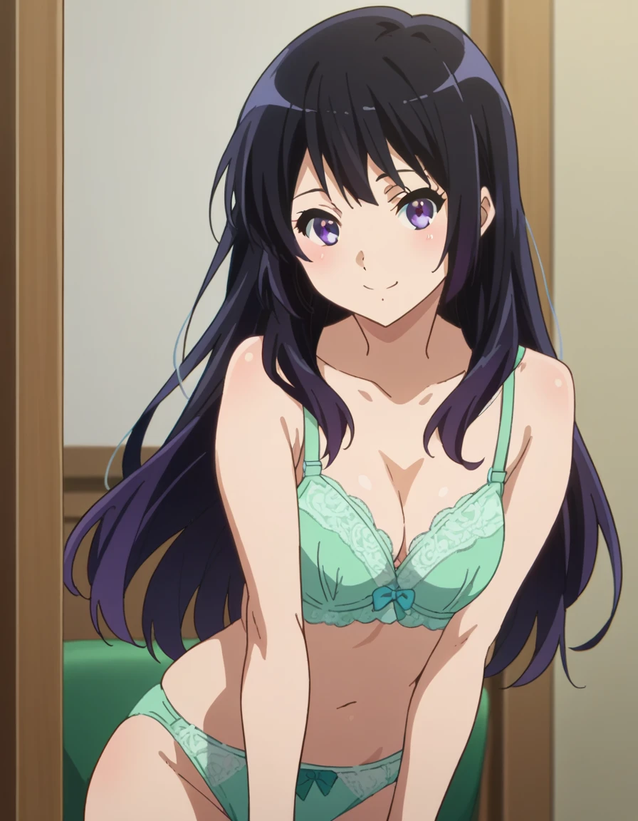 score_9, score_8_ up, score_7_ up,   Source_Anime,
Reina Kousaka , Reina Kousaka,   long hair, bangs,   black hair,   purple eyes,
  green bras and panties that make viewers happy,smile