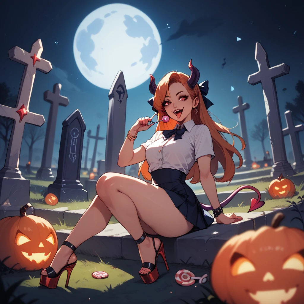 girl in short skirt, neckline, platform heels and devil's tail asking for candy at midnight in a cemetery, surrounded by tender ghosts