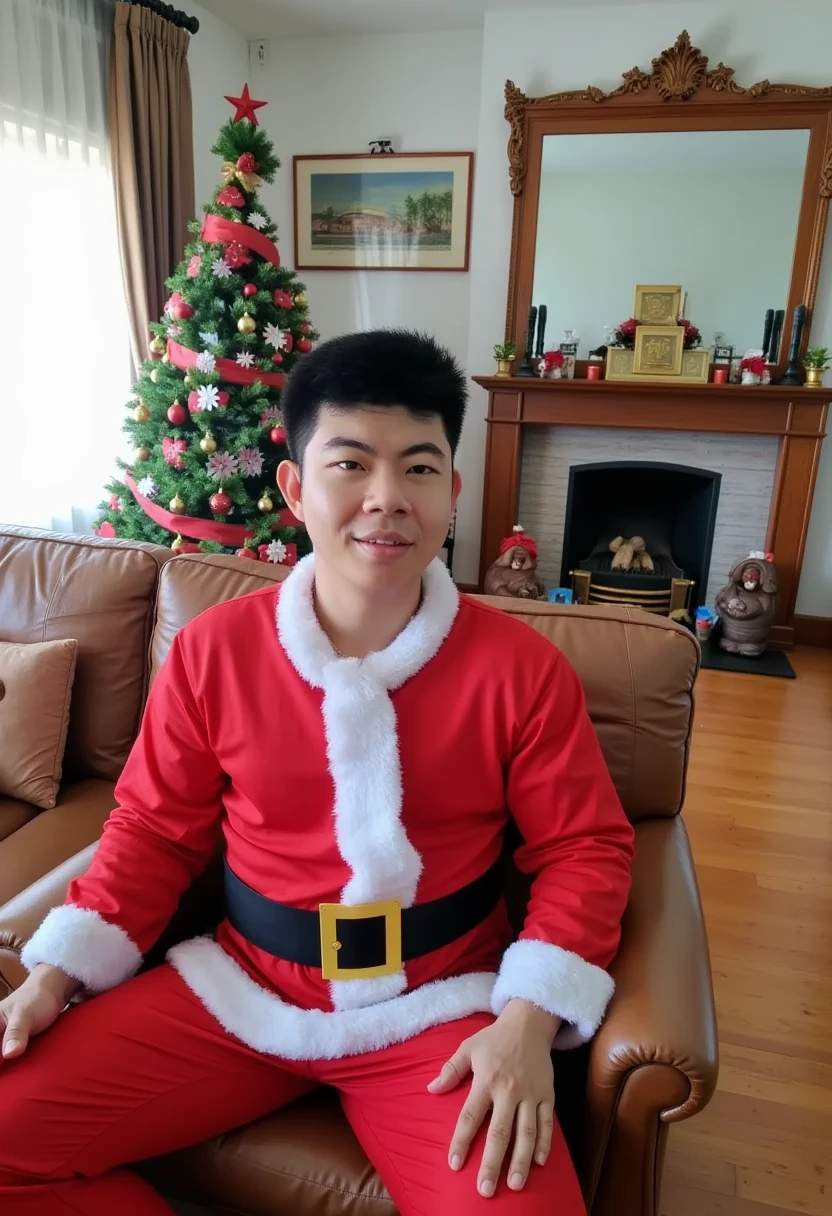 A picture of a handsome young Thai man in a Santa Claus costume, in a cozy house, with an ornate Christmas tree and a fireplace in the house by the chimney.