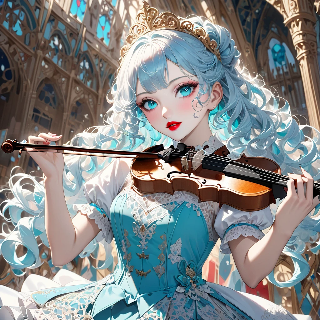  light blue hair、 turquoise eyes 、 long eyelashes、Big Red Lips、 apricot eyes、Beauty、Girly、The curly princess 、violinの演奏、(violin:1.3)