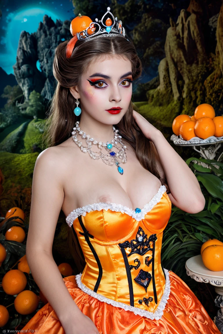 professional photography of an fantastical baroque 20yo pinup model wearing a tiara with creepy whimsical elements, breasts visible, eerie fairytale landscape, elaborate fantasy style art, very colorful, intricate details, ultra sharp, exquisite detail, flawless composition, vivid colors, exciting background, mandarin orange theme, 