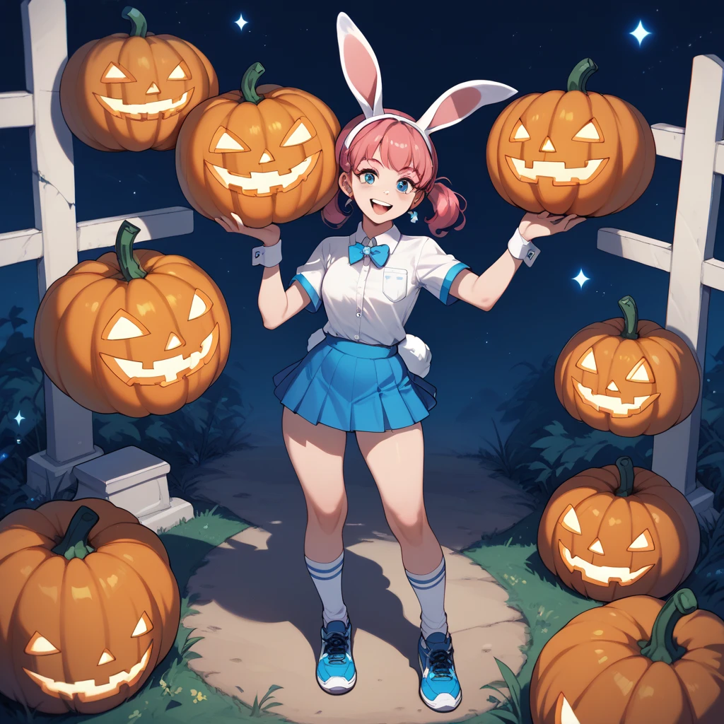 girl in short skirt, neckline, blue tennis shoes, long socks and bunny ears asking for candy at midnight in a cemetery centered on a pumpkin while little ghosts fly around