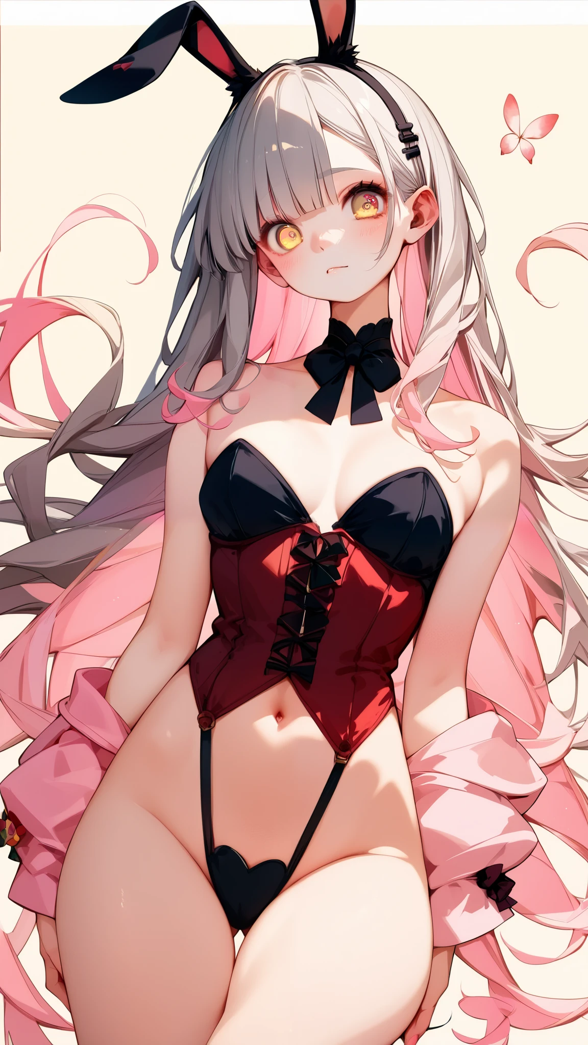 ,beautiful flower々),mole under eye, heart shaped choker, (masterpiece, highest quality), official art, beautiful and aesthetic: 1.2), (1 girl), very detailed, (geometry art: 1.3), colorful、pink bob hair、bear ears、 whole body