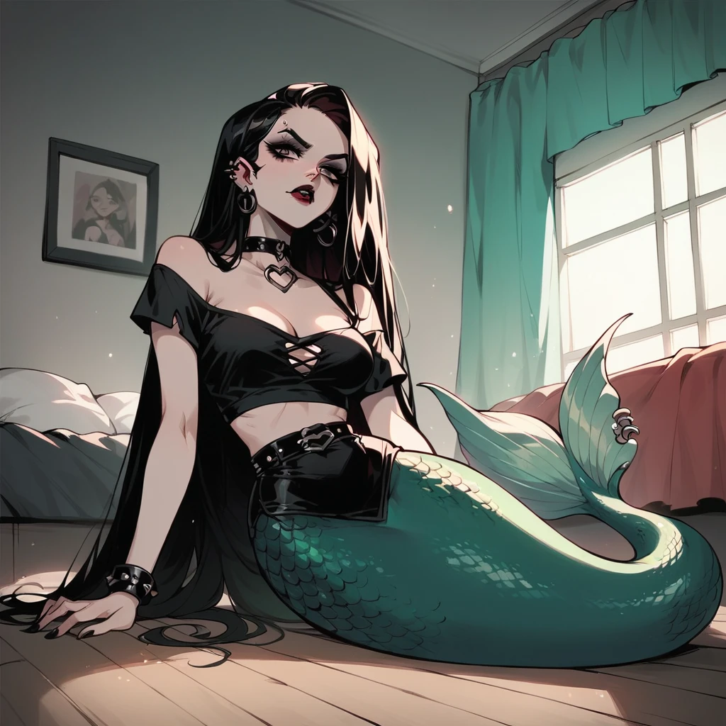 score_9, score_8_up, score_7_up, score_6_up, 1girl, long hair,  g4n1m3, goth, red lipstick, mermaid, black mermaid tail, scales mermaid tail below waistline, sit on floor beside bed, bedroom, 