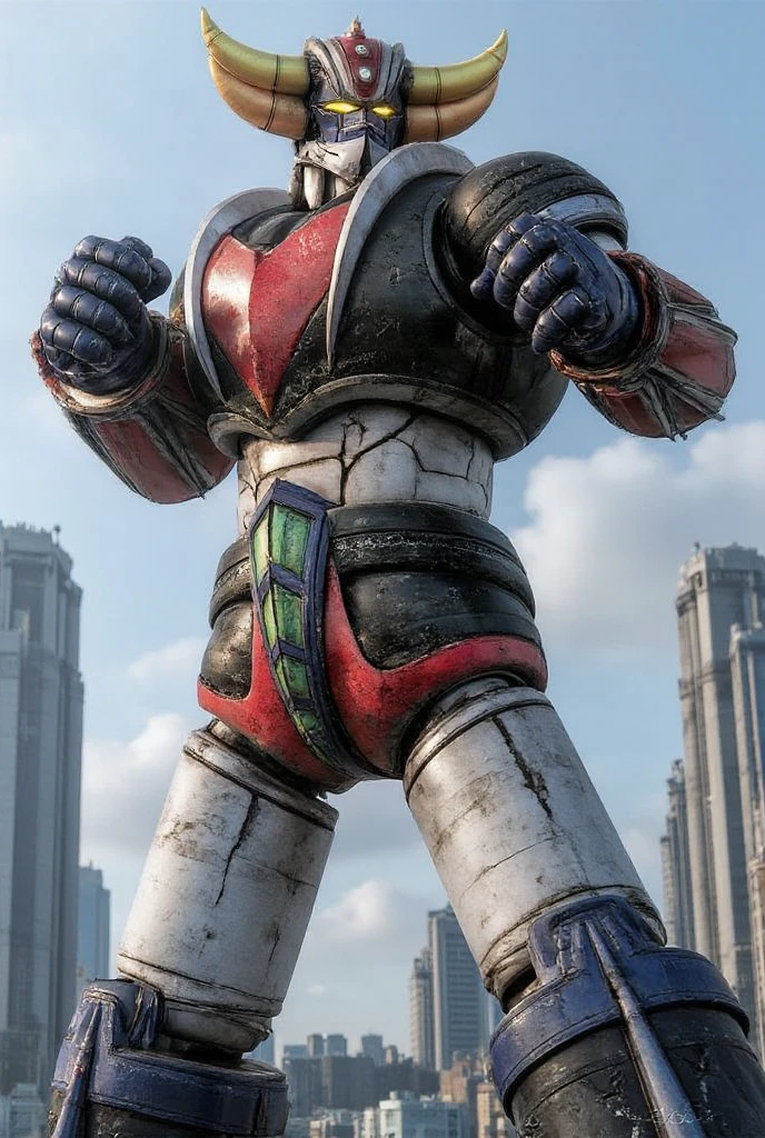  constructed with modern materials such as steel ,  Carbon Fiber ,  other industrial elements are also visible ,  just like the real thing ,  with visible welds applied to its surface I'm , bolt,  realistic texture , .  Iconic features such as the chest plate and head have been carefully recreated.  set in a modern industrial environment ,  the appearance of Mazinger Z standing around ,  illuminated by natural light 、 huge structures highlighted with realistic shadows . 