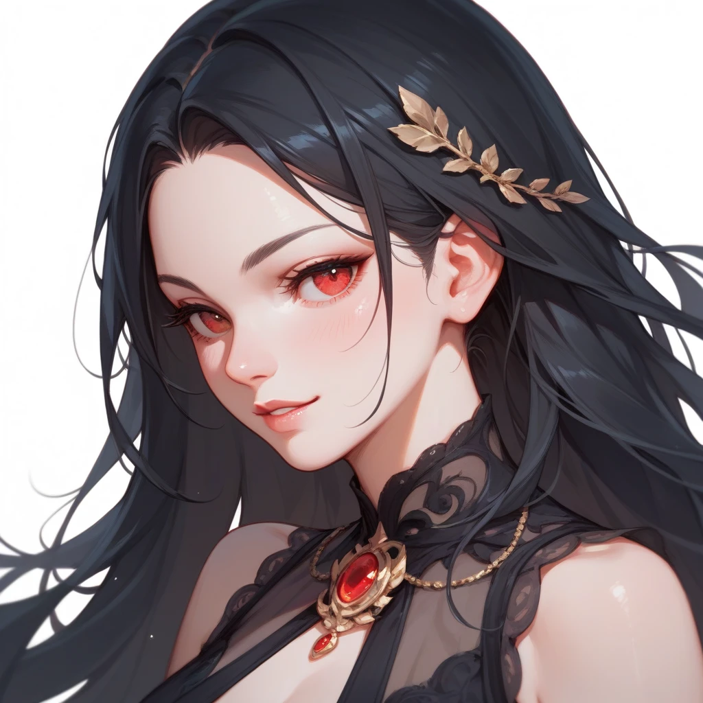 masterpiece, Score_9, Score_8_up, Score_7_up, rear view, 1 woman, alone, black hair, long straight hair, long parted bangs, golden and red eyes, slanted half-closed eyes, parted lips, expressionless, pale skin, large breasts, top body, upper body
Long open bangs, with a mole under the mouth,No bangs, layered hair.