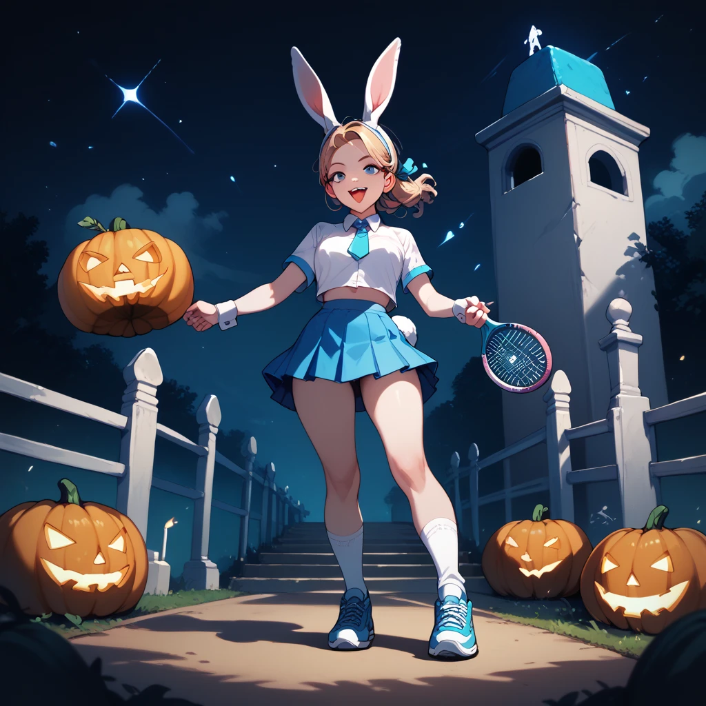 girl in short skirt, neckline, blue tennis shoes, long socks and bunny ears asking for candy at midnight in a cemetery riding on a pumpkin while little ghosts fly around