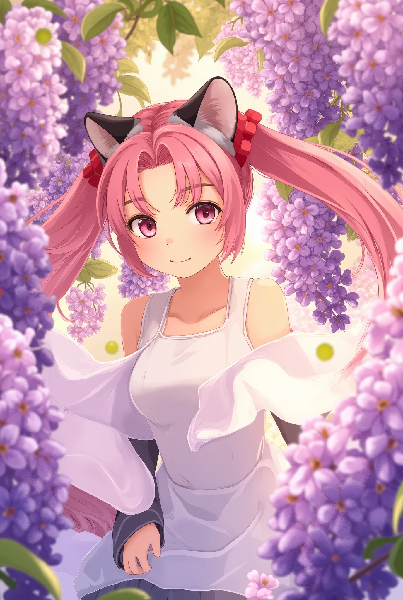 (masterpiece、 top quality 、 top quality 、 Official Art、 beautiful beautiful:1.2)、(1 person:1.3) Hatsune Miku 、 twin tails, Beautiful breasts , 1 personの女の子, Alone,  Cute girl with pink hair , pink eye, Wisteria flower background,  soft natural light, cat ears,  sleeveless white shirt 