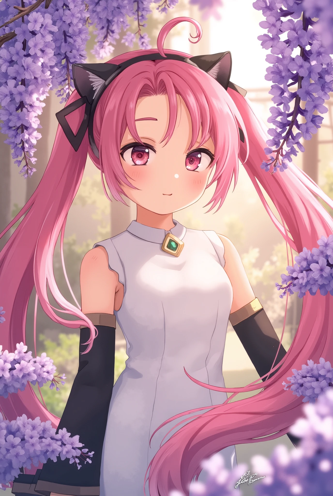 (masterpiece、 top quality 、 top quality 、 Official Art、 beautiful beautiful:1.2)、(1 person:1.3) Hatsune Miku 、 twin tails, Beautiful breasts , 1 personの女の子, Alone,  Cute girl with pink hair , pink eye, Wisteria flower background,  soft natural light, cat ears,  sleeveless white shirt 