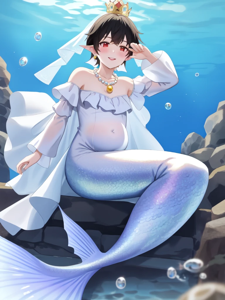 【throw】Arm Support and From Below 被压视角, merman, scales white merman tail below waistline, short hair, male, red eyes, black hair, fin ears, underwater, smile, yellow blush, yellow eye shadow, earings, pearl necklace, pearl bracelate, full body, pregnant, sit on giant clam, long sleeve wedding dress, crown, red lips, sit on bed underwater sea, mermaid castle underwater sea,