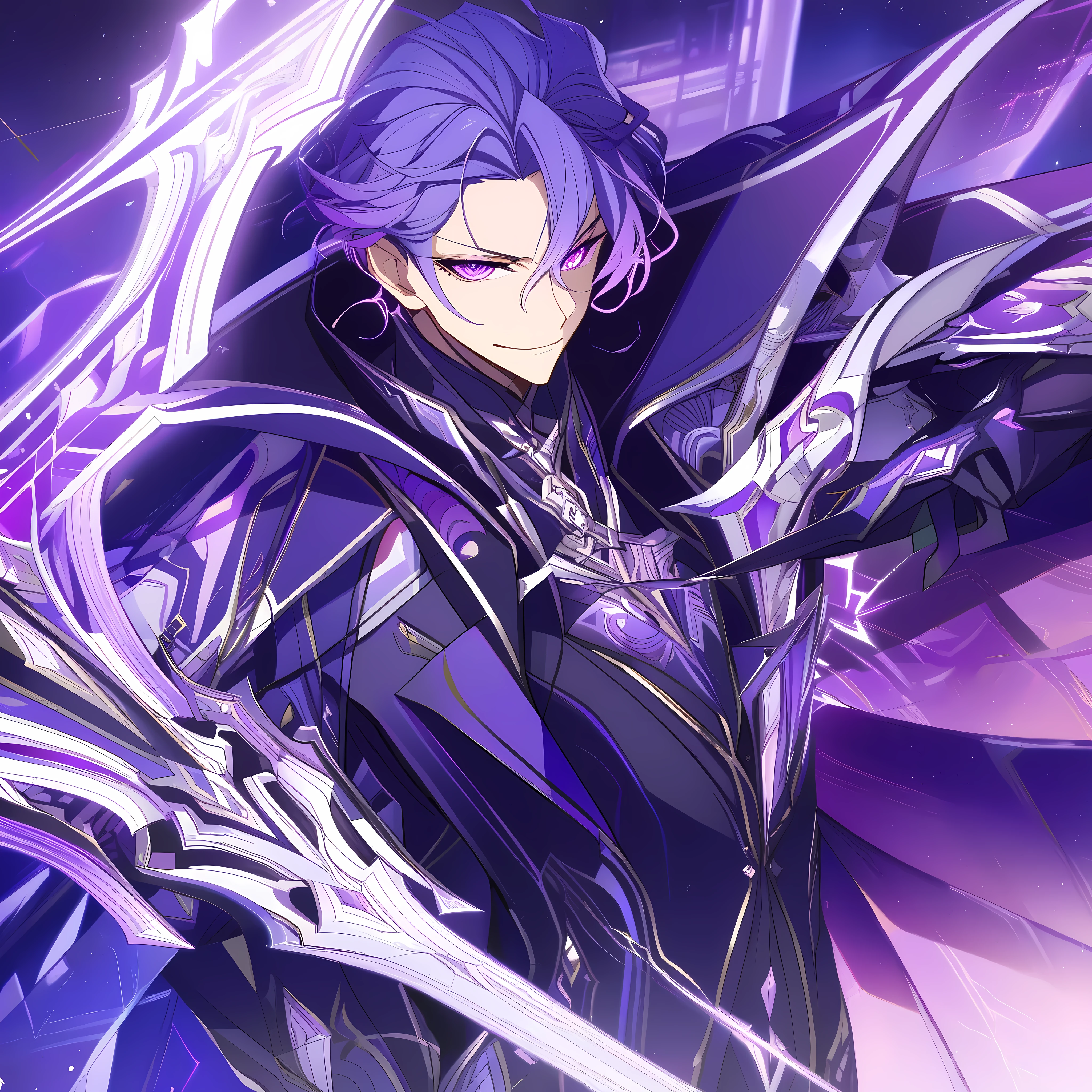 Create a highly detailed and visually striking anime-style character design of Florentino from the game ROV. The character should exude elegance, charm, and a sense of superiority, fitting his duelist persona. Use a rich purple theme as the dominant color, accented with silver and subtle gold highlights to emphasize his regal and sophisticated aura.

Florentino's outfit is a sleek, futuristic suit with intricate armor-like elements. The design incorporates sharp, angular patterns and glowing purple accents, resembling a blend of high-tech fashion and traditional duelist attire. His cape flows elegantly behind him, adorned with delicate patterns that shimmer with a gradient of purple and violet hues.

The character’s face is handsome and anime-inspired, with sharp features, glowing amethyst-colored eyes, and a confident smirk. His hair is styled in a slick yet slightly tousled manner, with streaks of violet adding a mystical touch. In his right hand, he holds a sleek, glowing rapier with a blade that emanates a faint purple light, symbolizing his finesse and precision in combat.

The background is a dreamy, twilight battlefield with glowing purple flowers scattered across the ground, and a soft violet mist adds a magical ambiance. The overall tone is stylish, captivating, and infused with the charm of an anime hero."