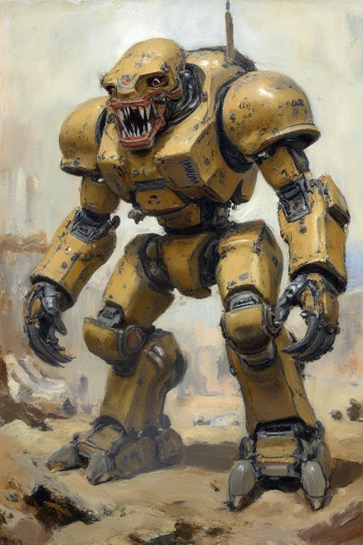 ((masterpiece:1.2)), (( top quality :1.2)), Oil painting, 1 monster (( monster with huge mechanical devices ,  sharp fangs like dinosaurs , The body is covered with heavy armor and gears , Knuckle walk where you punch a huge mechanical fist with both arms to the ground,  forward leaning position:1.3)),  mechanical leg, A person pilots,  armor painted in tan color ,  peeling paint , weathering, rust,  exposed mechanical parts,  Intricate Details, background\( Ruined City, Deserted city ), Mr.々Effects ,  delicate and dynamic texture ,  super detailed  ,  absolute resolution  ,  top quality , masterpiece ,  Cinematic Lighting  ,  Volume Fog ,  Dynamic Camera Angle 