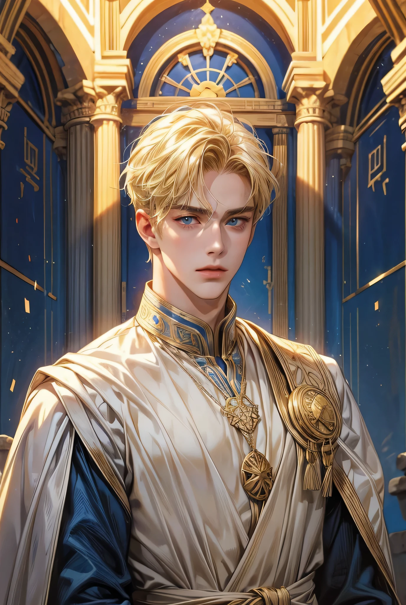 Single,  high resolution ,  blue eyes,  Blonde Hair,  split body lens, Ancient Greek background 、 Son of Apollo、gentle、man、Handsome、25 years old、accurate、 Ancient Greek Costume 、 Blonde Hair Wearing a Laurel、ancient greek architecture