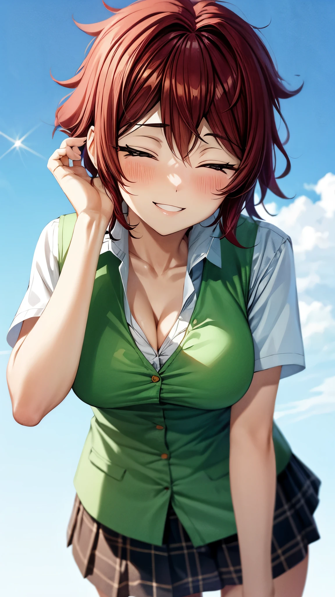 （ super high quality , super high res,16k,super masterpiece,Ultra HD ,Detailed shading and background,） sexy girl ,Naked white shirt with big collar,Navy blue vest, cleavage, Plaid Mini Skirt,smile,blush,Lawn where the sun shines ,Leaning forward greatly, hold your hair with one hand,