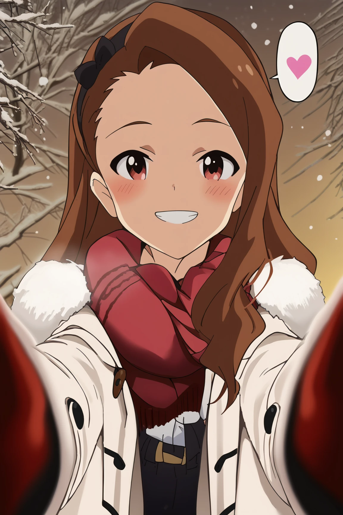 score_9, score_8_up, score_7_up, source_anime,anime screencap,anime coloring, official style
 Iori Minase, brown hair, brown eyes, long hair, black hairband, pov cheek warming, pov cheek warming (meme), winter gloves, duffel coat, fur-trimmed scarf, winter clothes, red mittens, meme, winter coat, red scarf, fur-trimmed coat, reaching towards viewer, reaching, mittens, fur-trimmed hood, white coat, open coat, scarf, coat, red gloves, snowing, pov, fur trim, depth of field, smile, blush, looking at the viewer, grin, sad expression, spoken hearts