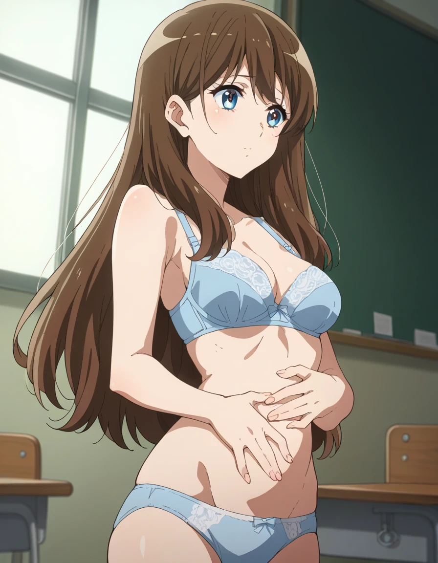 score_9, score_8_ up, score_7_ up,  Source_Anime, mayu kuroe,  long hair, bangs,  blue eyes, Brown Hair,  medium breasts,, Light blue bra and panties,,  in the classroom, ,  put your hand on your stomach, ,,  viewers, Alone,,  Dutch angle to the side,  cowboy shot