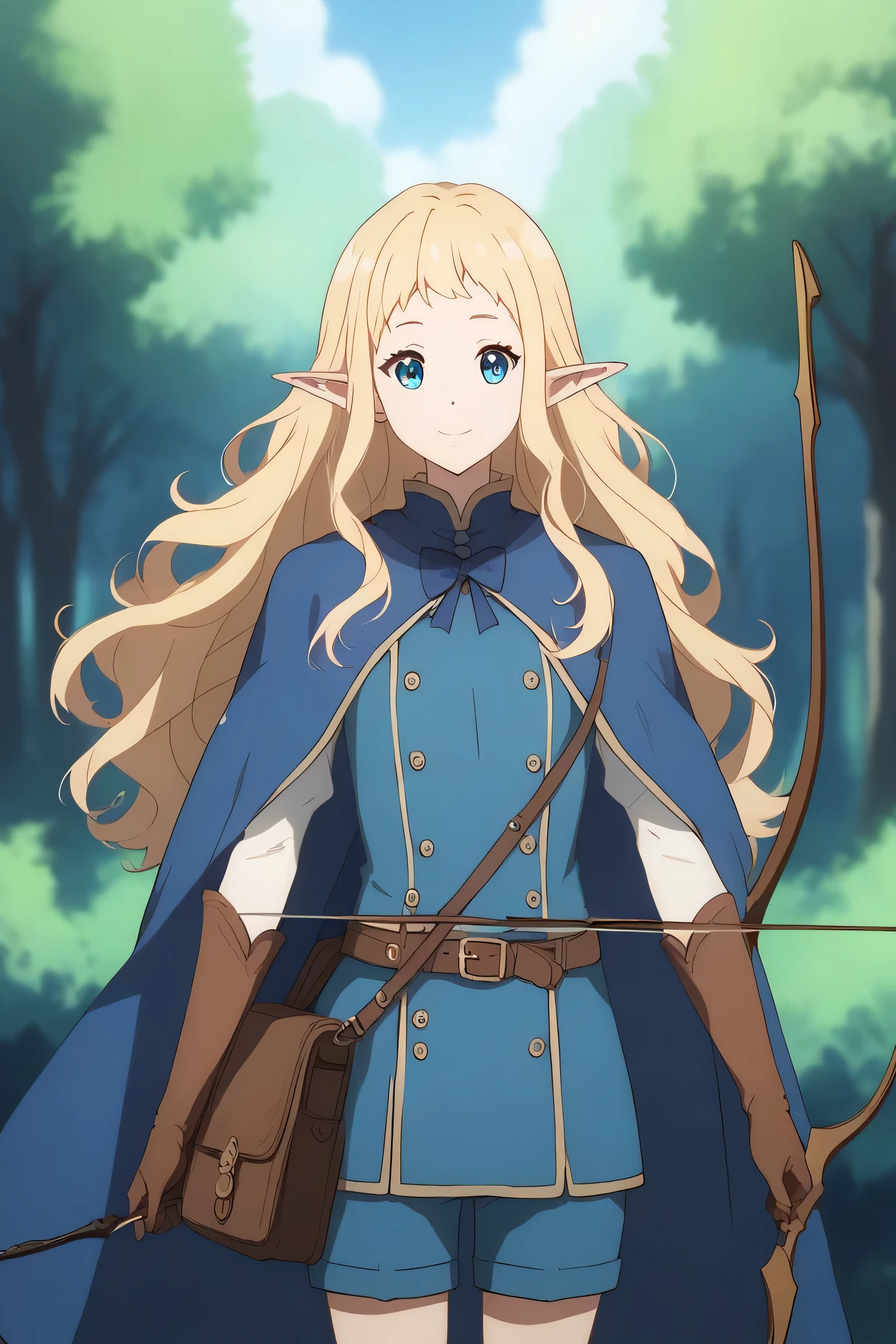 Ai shindou, masterpiece, Best Quality, Elf ,long hair, floating hair, blonde hair, blue sea eye, deeper eyes, elf ears, hoods, blue cloak, blue lightly tunic,white cape, gloves, Belt bag, blue shorts, Cowboy Shot, cute smile, forest, Looking at Viewer,Hold the bow and arrow