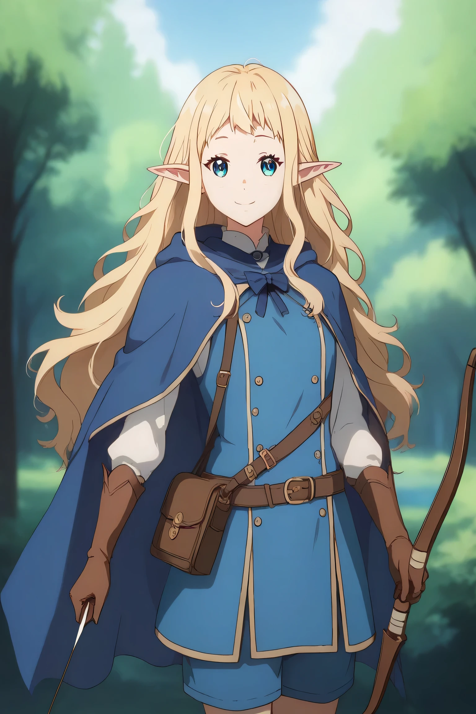 Ai shindou, masterpiece, Best Quality, Elf ,long hair, floating hair, blonde hair, blue sea eye, deeper eyes, elf ears, hoods, blue cloak, blue lightly tunic,white cape, gloves, Belt bag, blue shorts, Cowboy Shot, cute smile, forest, Looking at Viewer,Hold the bow and arrow