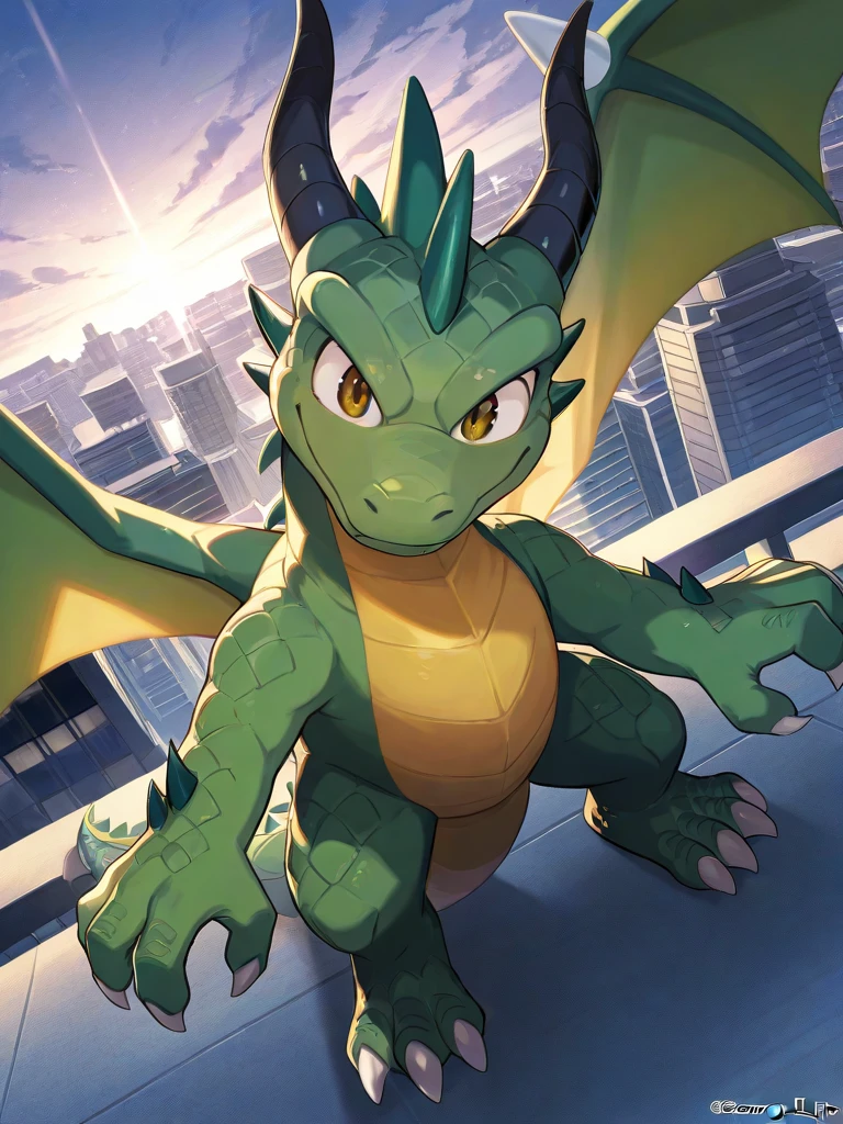 Dragon calf , Green scales, Green wings, black horns,  detailed brown eyes, three claws ,  friendly attitude ,  smiling,  city background