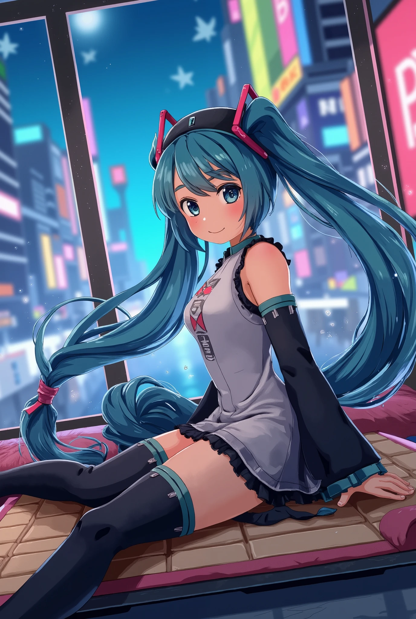 (masterpiece、最 High Quality 、最 High Quality 、 Official Art、 beautiful beautiful:1.2)、(1 person:1.3) Hatsune Miku 、 twin tails, Beautiful breasts ,masterpiece ,  girl ,   Red Belly Long Hair  ,  blue eyes ,   gradients  ,  Perfect figure , ( Techwear:1.2) ,  cyberpunk , future , Modern , in  cyberpunk city,  light smile ,  detailed face  ,, , (8k,   最 High Quality  1.2),   ultra detail on a Japanese futon,  8K Ultra HD ,,  soft lighting ,  High Quality ,  film grain,    beautiful lighting arranged in an orderly manner,, ( movie-like :1.4) , perfect body , Best lighting, Best Shadow,  sharpness, Contrast,