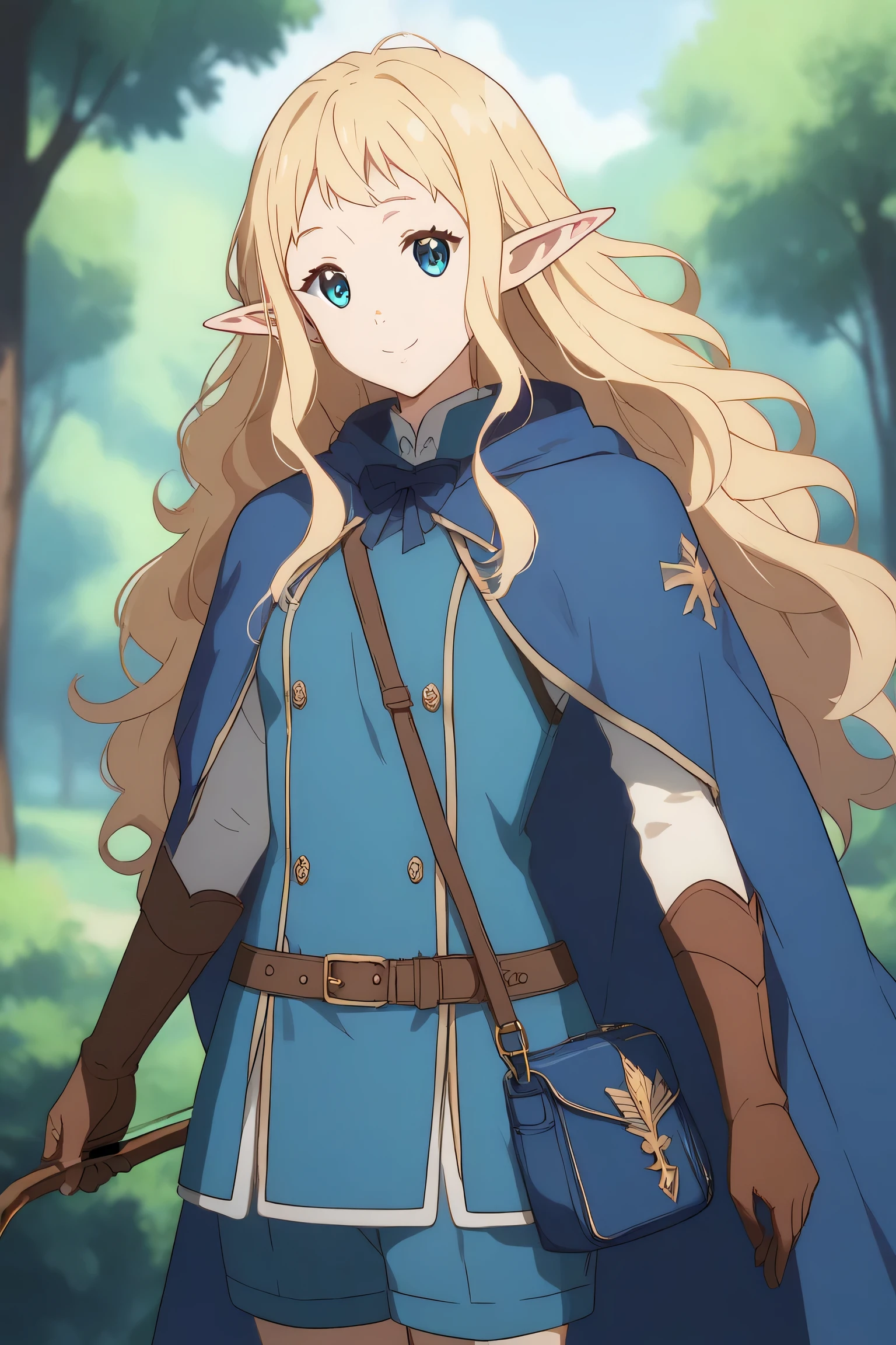 Ai shindou, masterpiece, Best Quality, Elf ,long hair, floating hair, blonde hair, blue sea eye, deeper eyes, elf ears, hoods, blue cloak, blue lightly tunic,white cape, gloves, Belt bag, blue shorts, Cowboy Shot, cute smile, forest, Looking at Viewer,Hold the bow and arrow