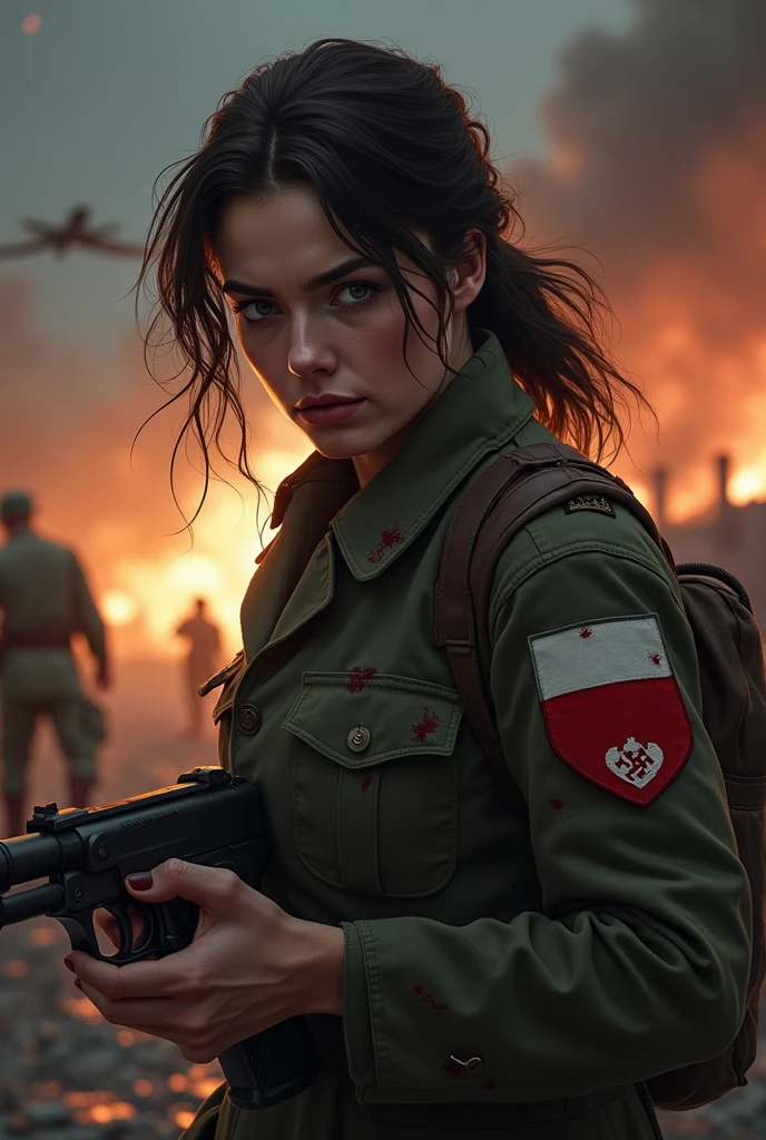best quality, masterpiece, jp-Kraasni-50 1girl, portrait, solo, half shot, looking up, detailed background, detailed face, (<lora:SteamPunkBundleV3:0.5>, CoalPunkAI, theme:1.1), battlefield-medic, field-surgeon, worried expression, gray military medic uniform, red cross, military insignia, medical supplies, toruniquet, morphine, triage, dirt smudges, blood , dynamic movement, battlefield-hospital in background, floating particles, ashes, danger, dark fog, urgency, cinematic atmosphere, <lora:detail_slider_v4:2>