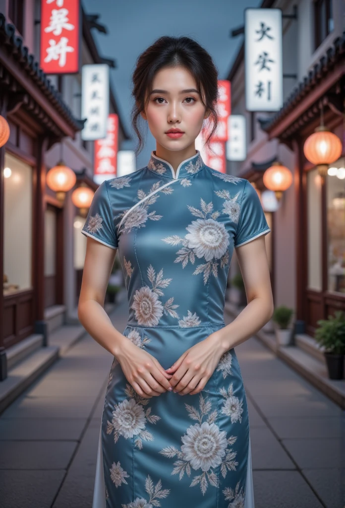 (16k wallpaper, masutepiece, Best Quality, Ultra-detailed, Highly detailed realistic photos, Beautiful detailed eyes, Solo, curby, qipao dress, chinese clothes, thighs thighs thighs thighs, Voluptuous, Chinatown), Ultra High Resolution, Fine skin、Sexy, 20 years old, Smile, Beautiful Girl