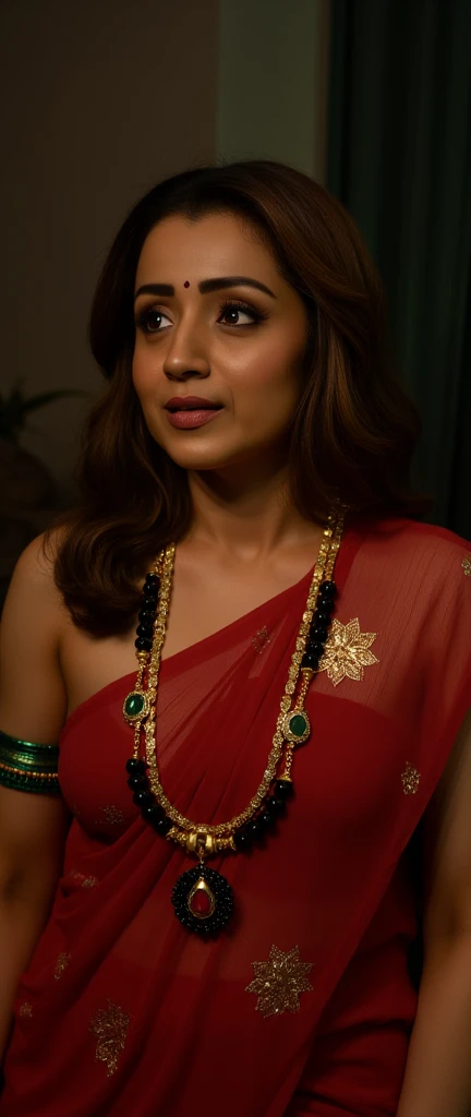 in a dimly light setting A naughty and curvaceous light neutral skin tone woman in traditional attire, wearing a deep red messed up elegant saree, no blouse piece, bare breast and intricate jewelry glass green bangles and a red small bindi between her eyebrow's lady wearing a thin and long necklace is made of gold and has a long chain with black and gold beads. The beads are arranged in a repeating pattern, with the largest bead at the bottom and the smallest at the top. In the center of the necklace, there is a pendant with a design in the shape of a queen of spade symbol, The pendant is attached to the chain with a gold clasp. The overall style of the jewelry is traditional, her expression is her mouth open in an exaggerated expression of shock, lady is crying tearful eyes with messed up eye mascara. lady laying on her stomach in bed and top of the lady a black african man wearing a thick silver chain is mounting on from right behind her, the black african man has an angry expression looking at the lady, cinematic, cinematic lighting , from side UHD, retina, masterpiece, accurate, anatomically correct, textured skin, super detail, high details, high quality, award winning, best quality, highres, 1080P, HD