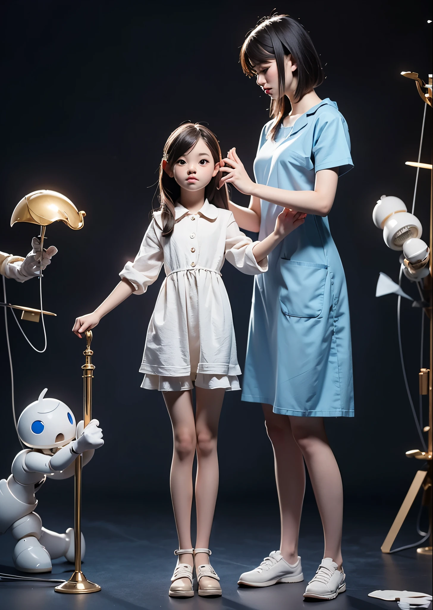 The creation of an android by an old doctor 、 An unfinished beautiful girl 、An artificial girl standing supported by a metal pipe pillar、 The doctor is trying to attach her arms to the girl 、 the girl's clothes haven't been worn yet 、Lots of instruments 、Realistic、