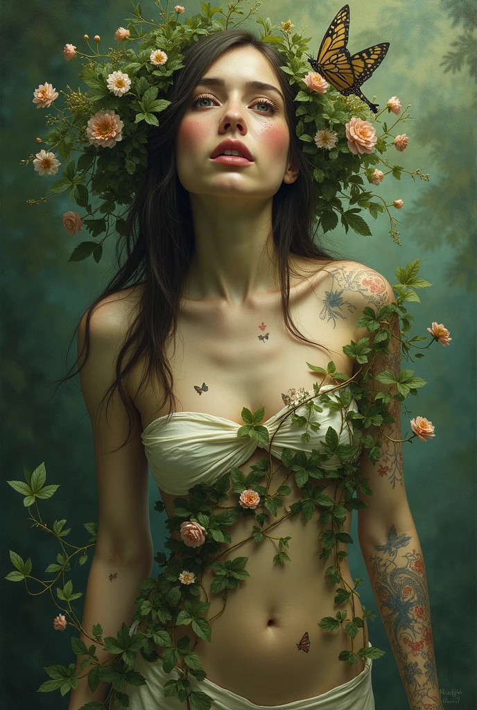 Arafed image of a woman with a flower on her head, A digital painting inspired by Alberto Seveso, tumblr contest winner, surrealism, flowers grow from the body, anatomy portrait, flowers that grow out of your body, anatomical bright colors, hyperrealistic anatomy pose, humanoid flora, Anatomical art, digital collages, Botanical anatomy, medical representation