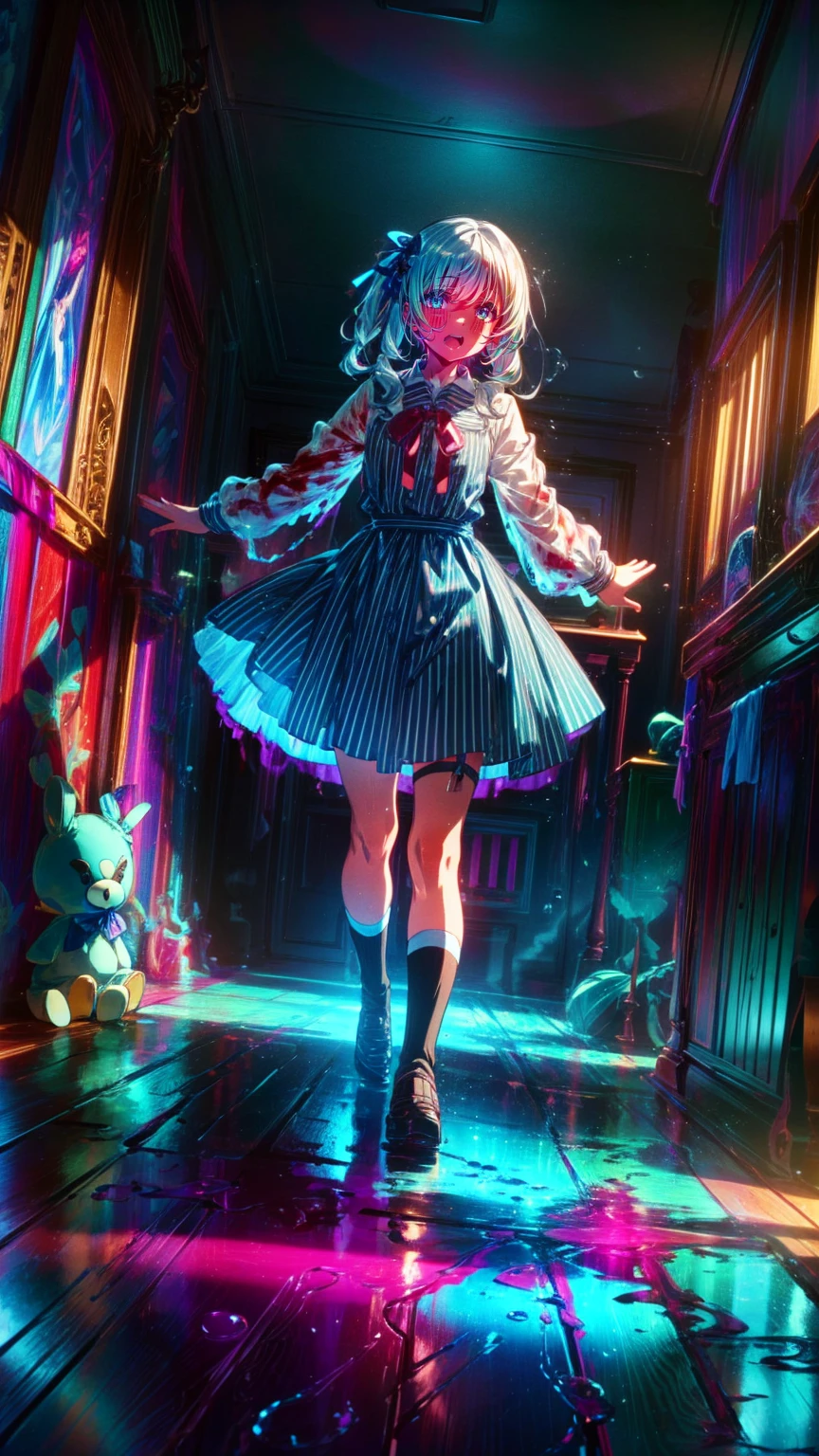 Tokyo ghoul style, woman, 22,  has 2 twin tails on long white wavy hair ,  light blue ribbon accessory  ,  white and baby blue  ****Tadres,  covered in blood splashes  ,  white knee-high socks  , 縫い目のついたおもちゃのウサギの has 2 twin tails on long white wavy hair  , 成人woman,  mature,  gray eyes, Glass, smile,  standing on a blood-stained thing  ,  black Marie Jane  ,  headless doll placed on the ground  , Cut a stuffed animal 
