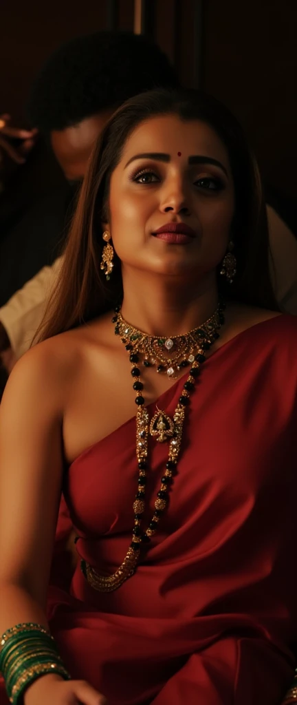 in a dimly light setting A naughty and curvaceous light neutral skin tone woman in traditional attire, wearing a deep red messed up elegant saree, no blouse piece, bare breast and intricate jewelry glass green bangles and a red small bindi between her eyebrow's lady wearing a thin and long necklace is made of gold and has a long chain with black and gold beads. The beads are arranged in a repeating pattern, with the largest bead at the bottom and the smallest at the top. In the center of the necklace, there is a pendant with a design in the shape of a queen of spade symbol, The pendant is attached to the chain with a gold clasp. The overall style of the jewelry is traditional, her expression is her mouth open in an exaggerated expression of shock, lady is crying tearful eyes with messed up eye mascara. lady laying on her stomach in bed and top of the lady a black african man wearing a thick silver chain is mounting on from right behind her, the black african man has an angry expression looking at the lady, cinematic, cinematic lighting , from side UHD, retina, masterpiece, accurate, anatomically correct, textured skin, super detail, high details, high quality, award winning, best quality, highres, 1080P, HD